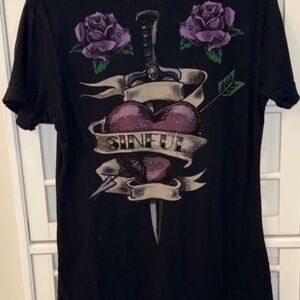 Vintage Sinful Affliction Women’s Baby Shirt Roses Purple XL Skulls Rhinestones